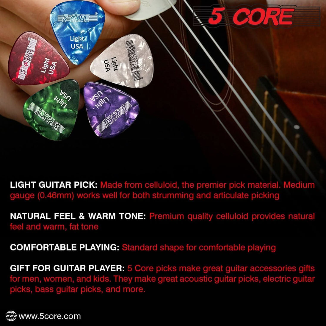 Durable 0.46mm purple celluloid guitar picks by 5Core for soft strumming