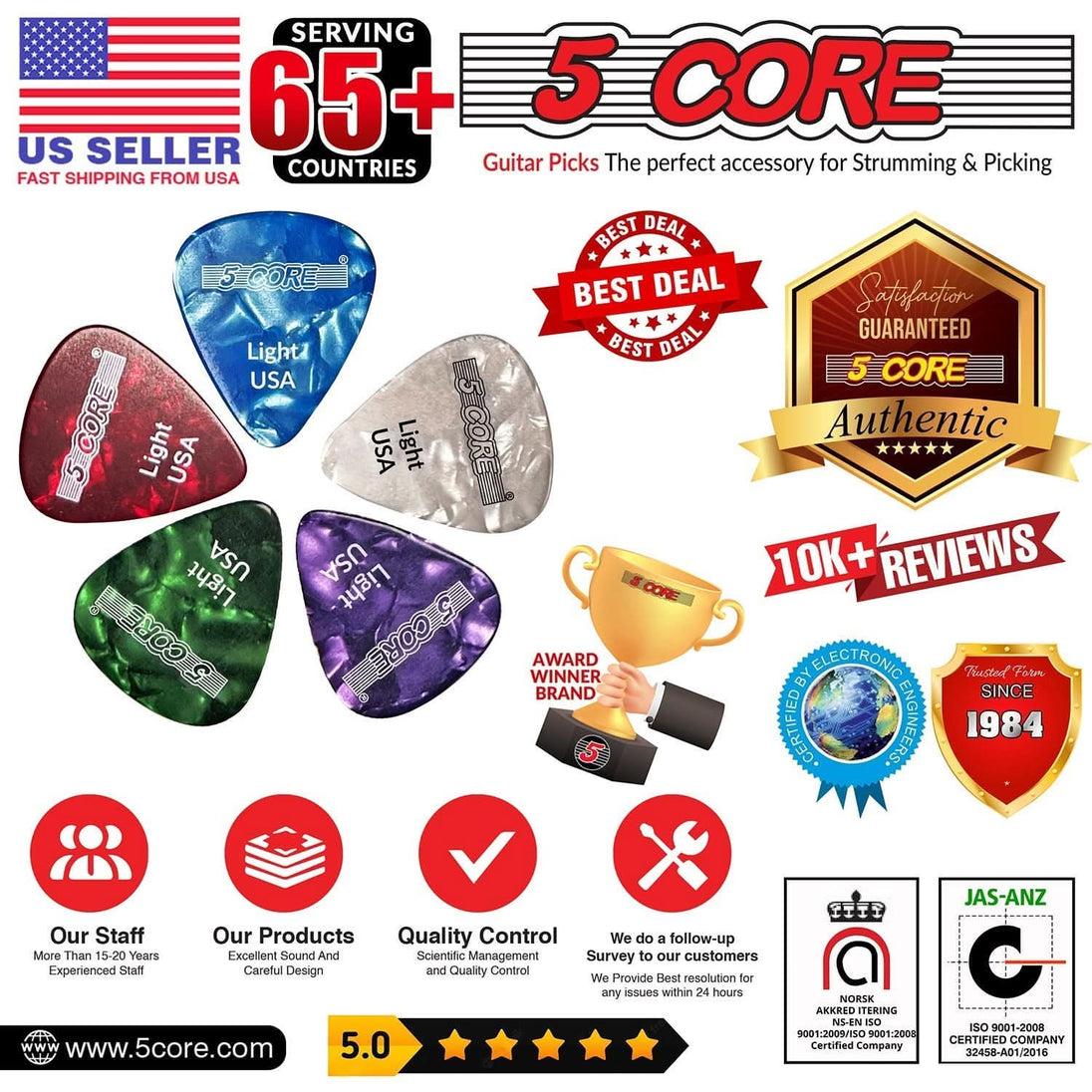 5Core light guitar picks purple 0.46mm for clean performance