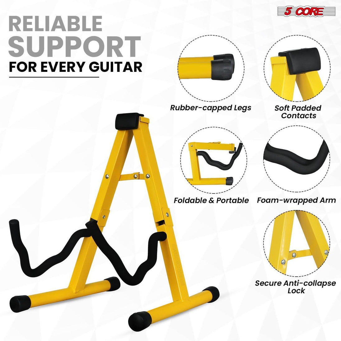 Bright yellow 5Core guitar stand for electric guitars and stage use