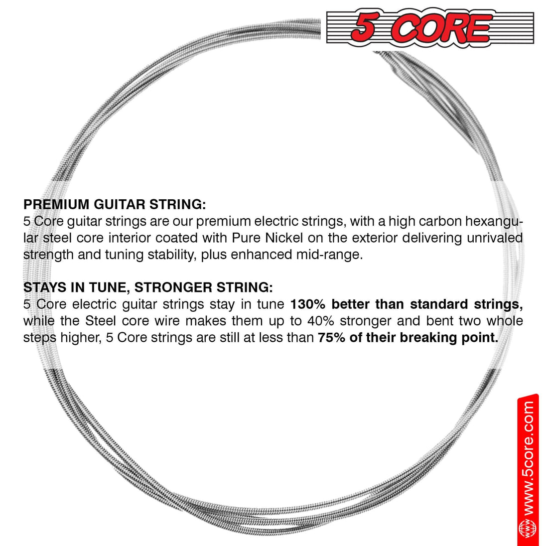 5Core 6 string electric guitar strings nickel 0.009-.042 gauge with bright tone