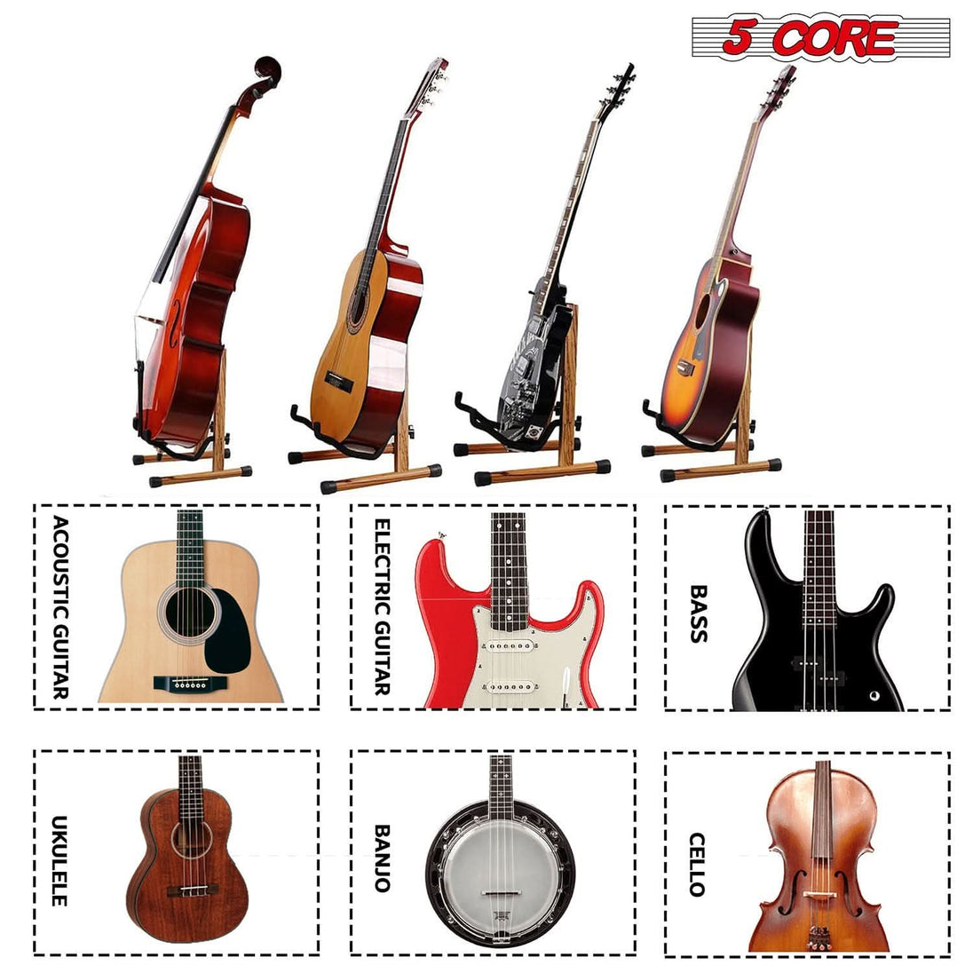 5Core solid wood guitar stand with adjustable height for any guitar type