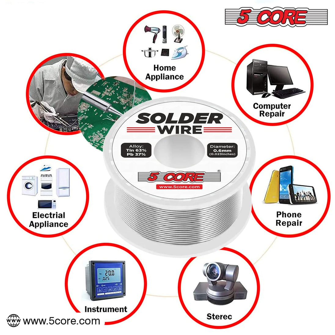 5Core 60/40 tin-lead solder wire for DIY electronics and circuit assembly