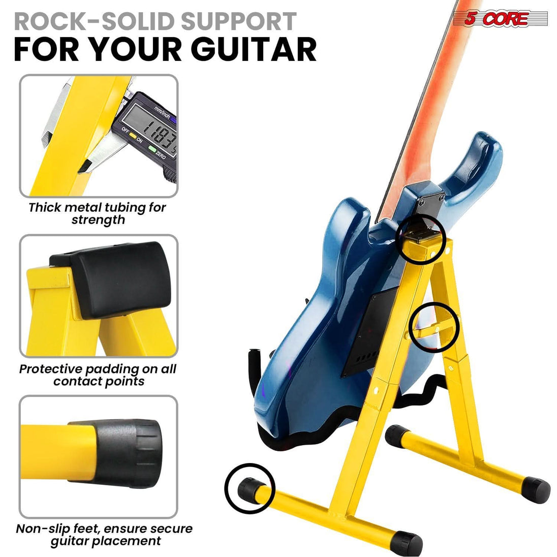 Side view of 5Core A-frame stand in yellow for acoustic instruments