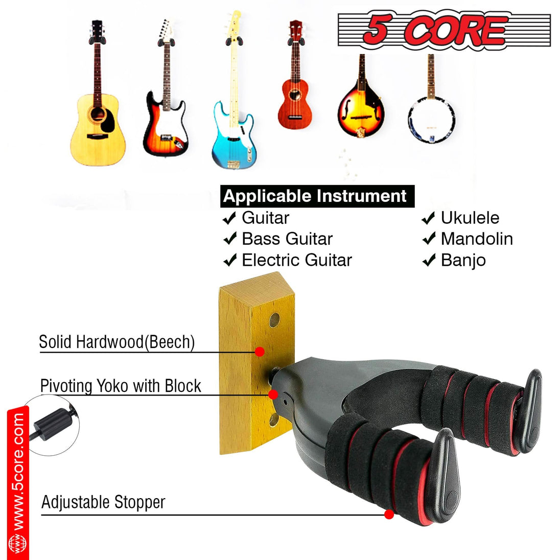 5 Core Guitar Wall Mount Hangers - Hardwood Base Soft Padded Adjustable Hook