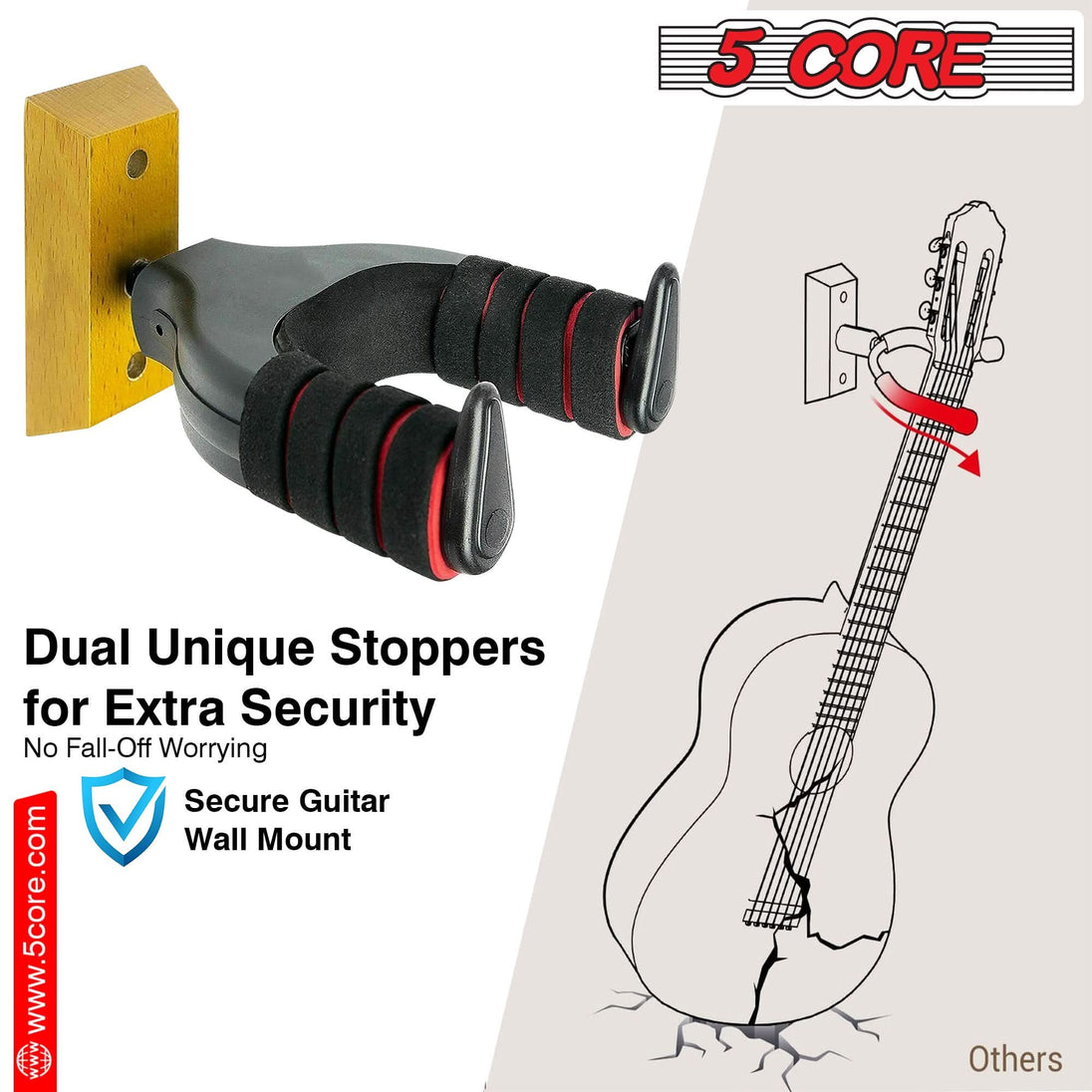 Guitar Display Wall Hook Holder by 5 Core - Adjustable Hardwood Base