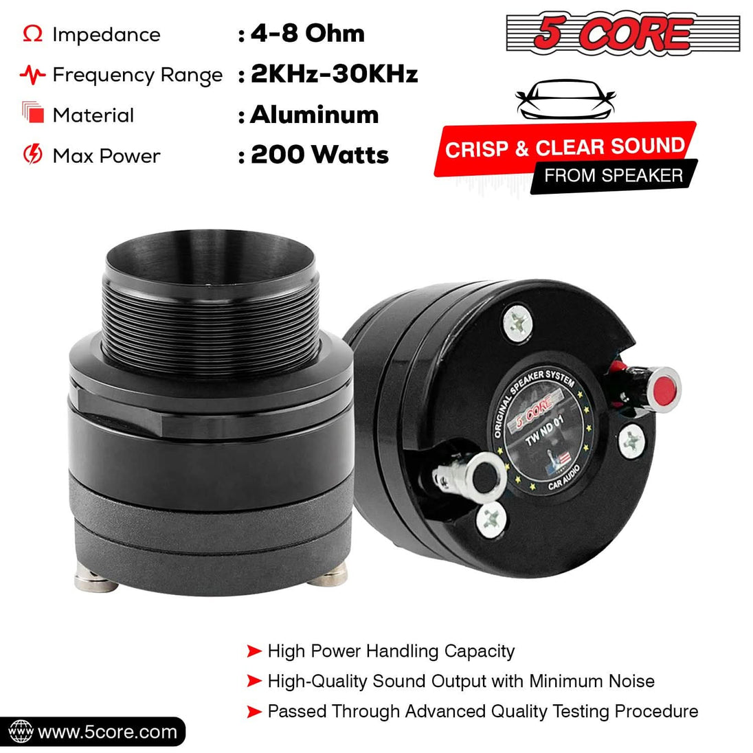 Premium bullet tweeter with titanium horn, delivering crisp highs and distortion-free powerful sound.
