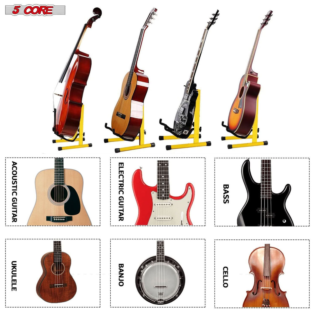 Top view of 5Core yellow guitar stand with non-slip and padded supports