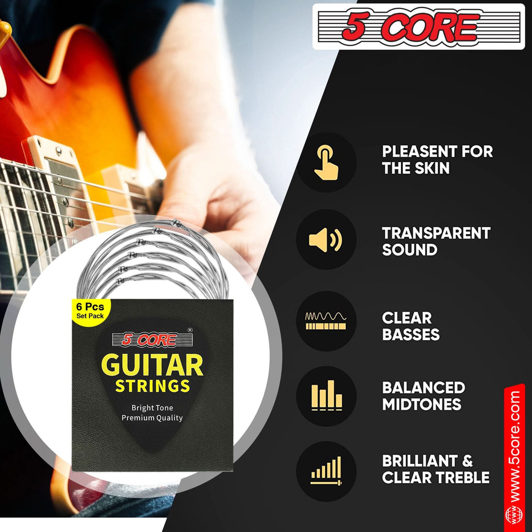 5Core 6 string guitar strings nickel 0.009-.042 gauge with bright tone