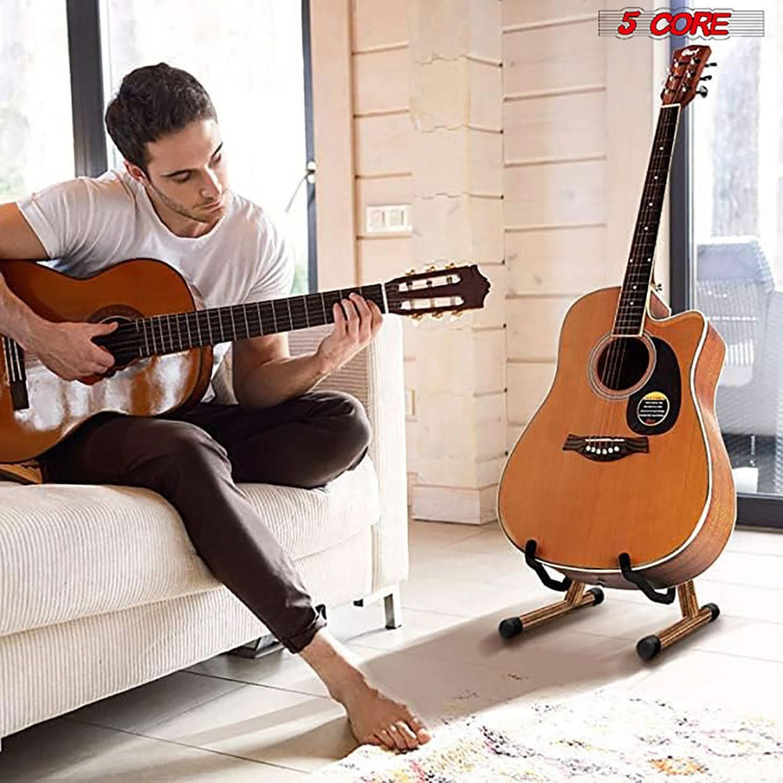 Sturdy 5Core guitar stand with height adjustment and wood frame support