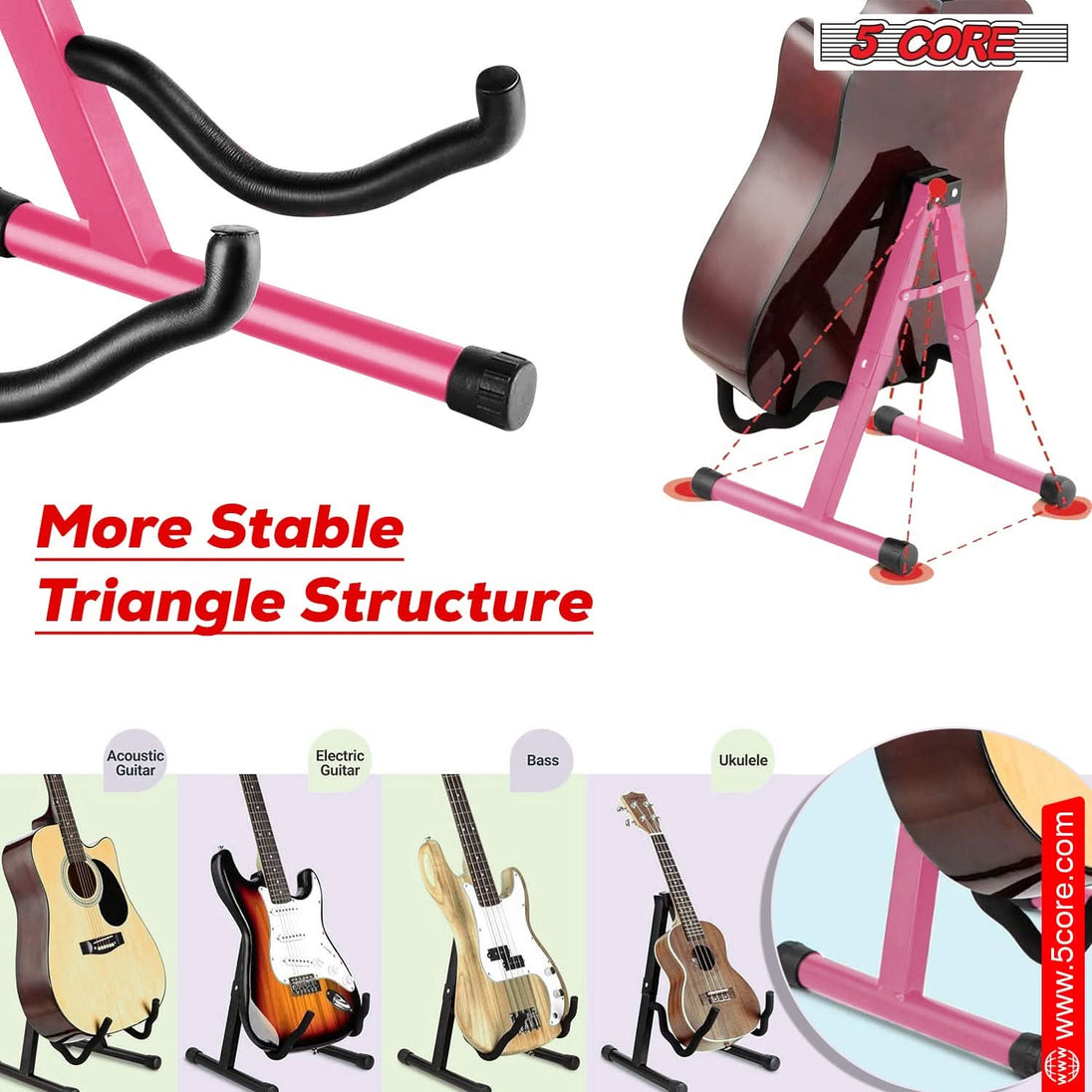 Stylish pink floor stand for bass and electric guitars