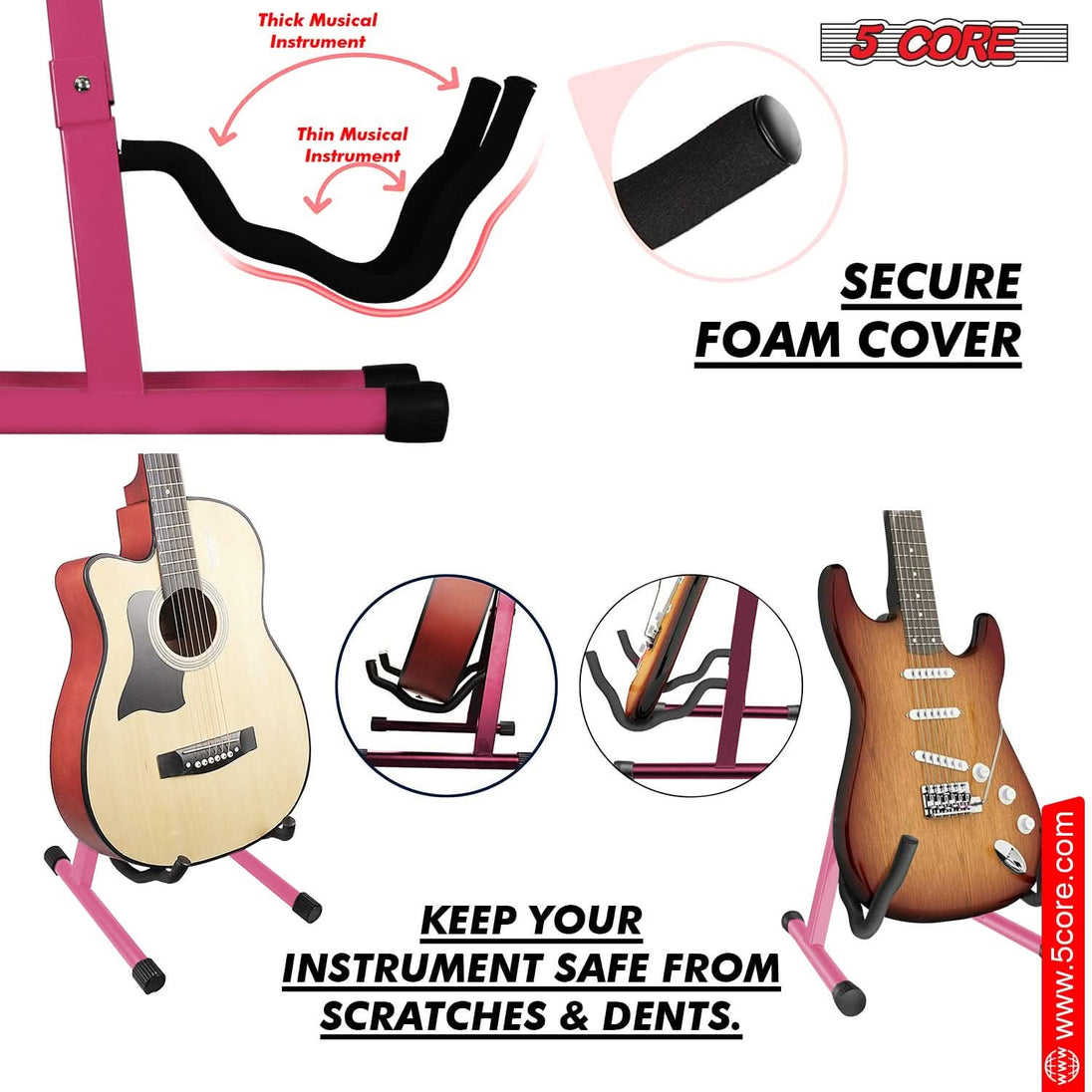 Foldable pink guitar support with anti-slip rubber feet