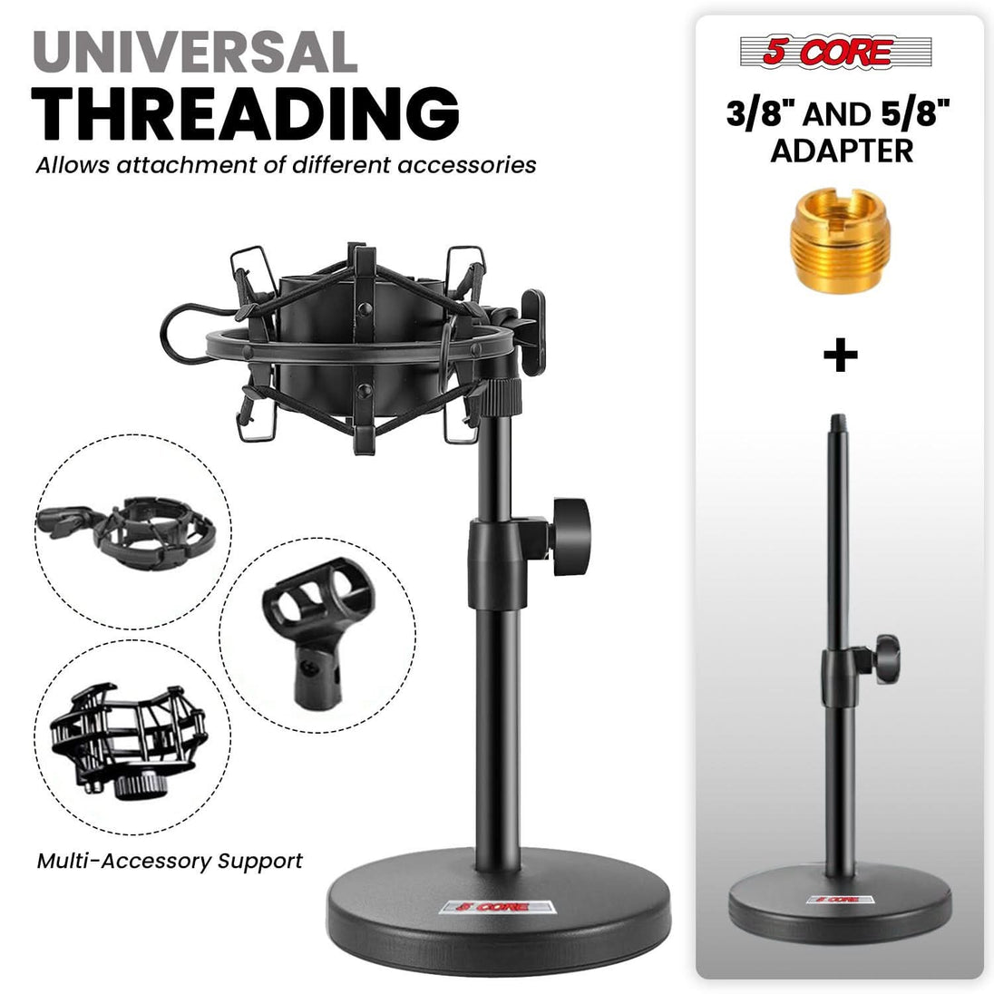 Desktop mic stand with integrated phone mount and mic clip by 5Core