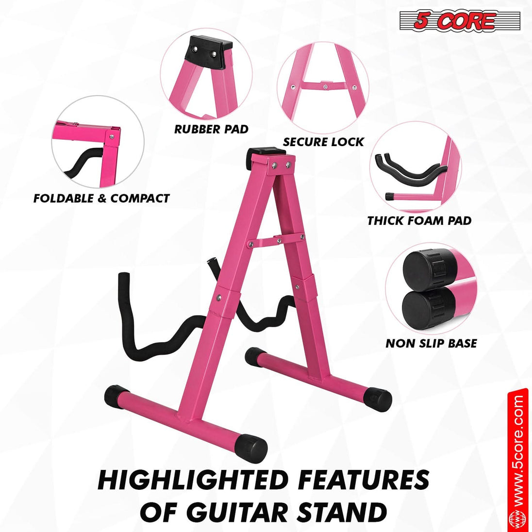 Lightweight pink guitar stand with padded arms for protection