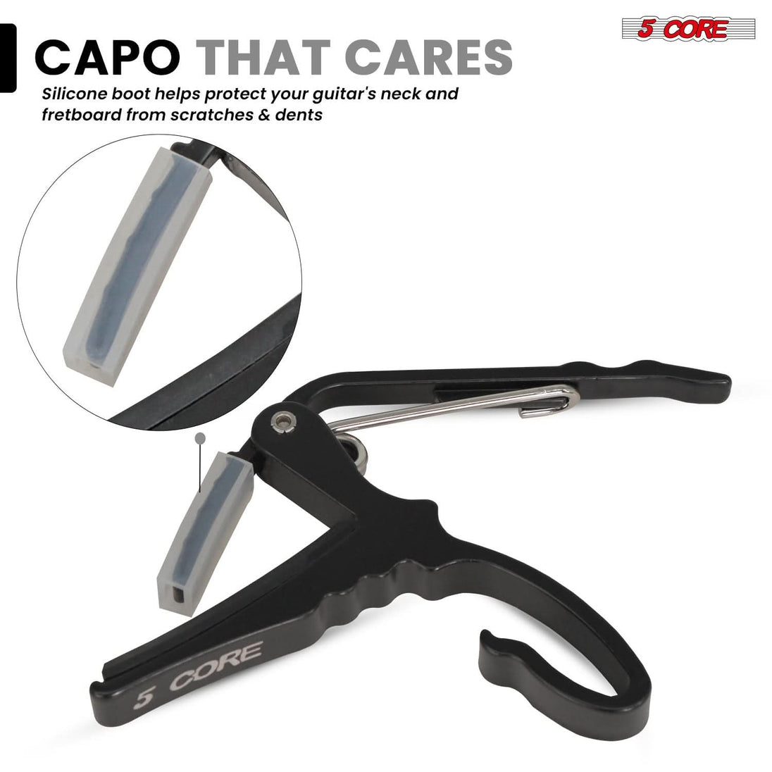 Complete 5Core capo set with colorful picks and convenient carry pouch