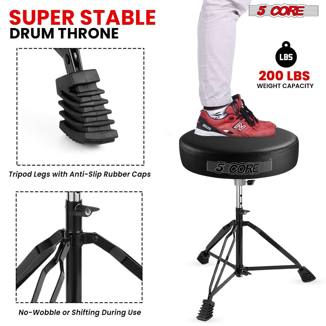 5Core black padded drummer seat, adjustable guitar stool, drum throne for adults and kids