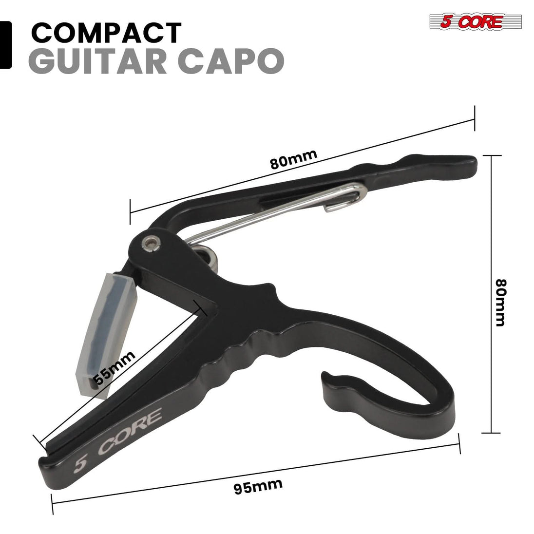 All-metal 5Core capo providing balanced pressure across strings