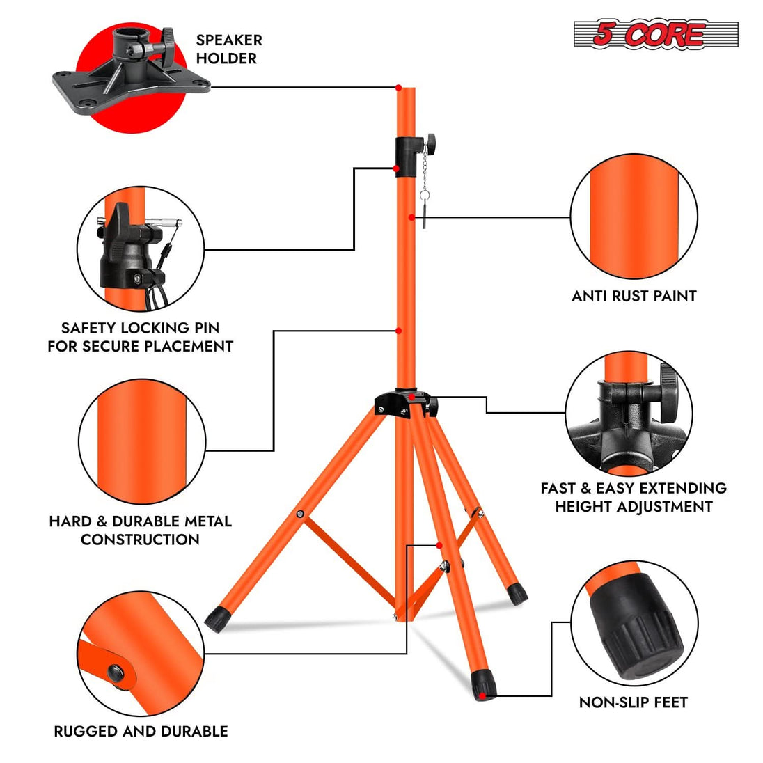 5Core 72 inch orange studio monitor stand with secure tripod legs