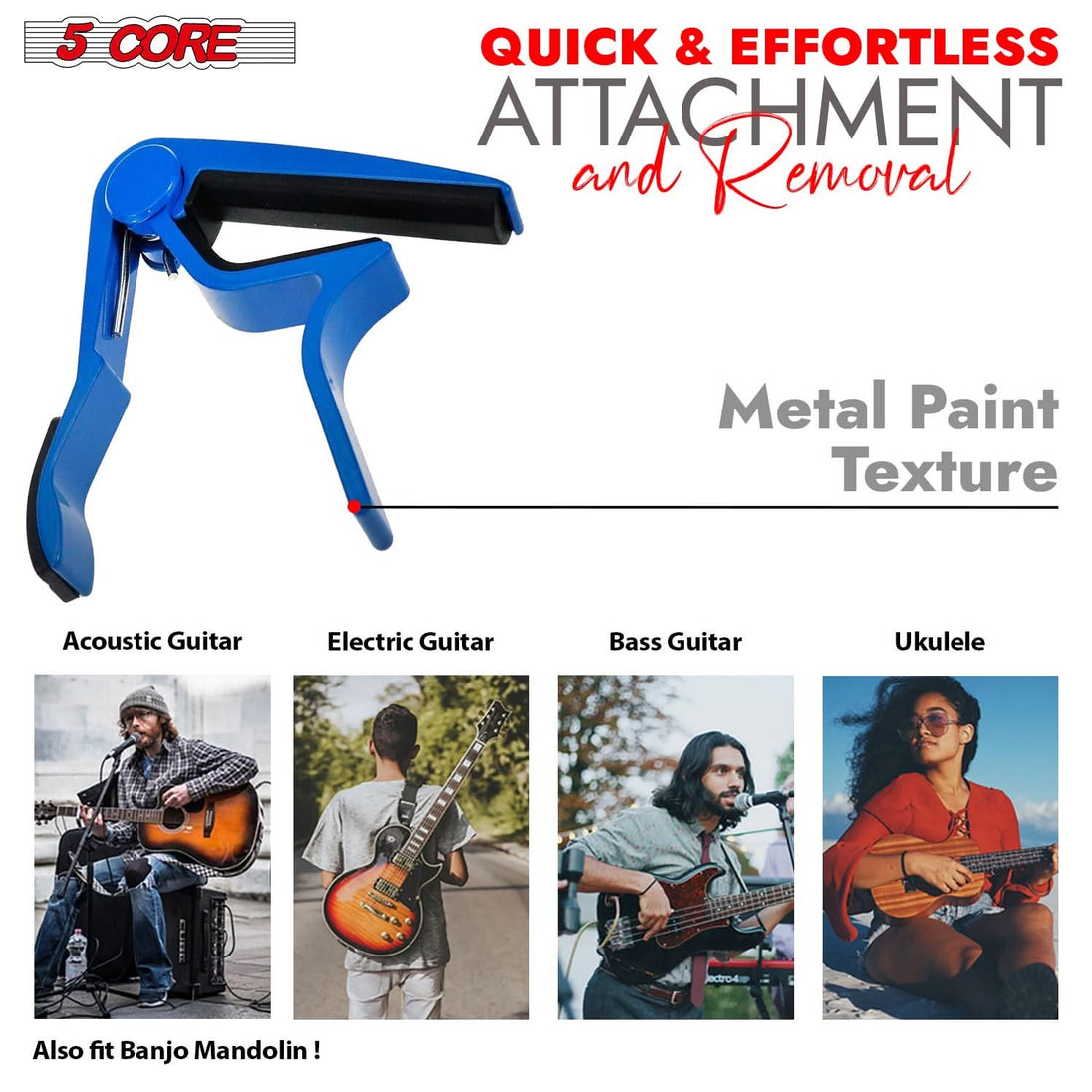 5Core blue capo for 6 string guitars, acoustic, electric, banjo, mandolin, and ukulele