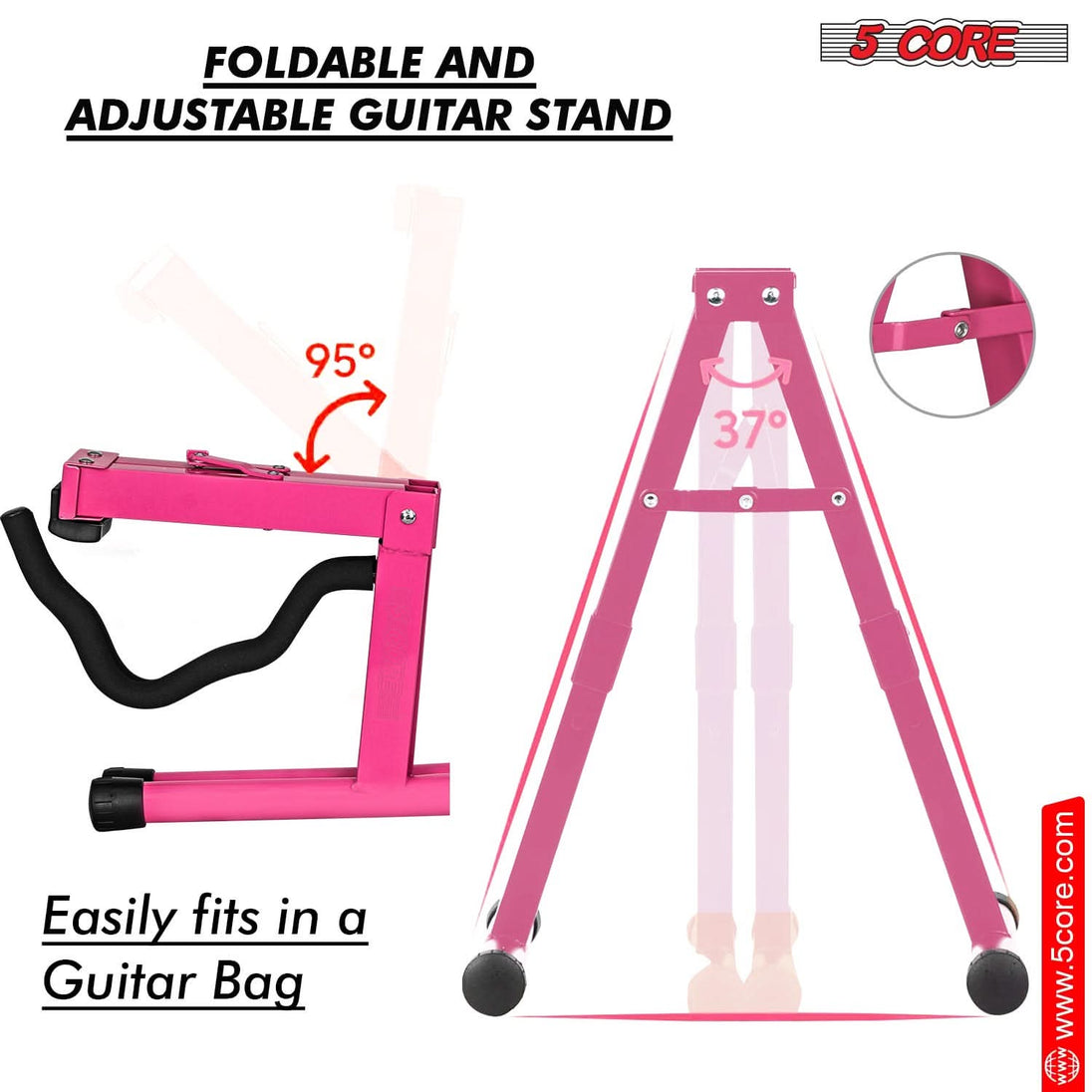 Compact pink A-frame stand fits electric and acoustic guitars