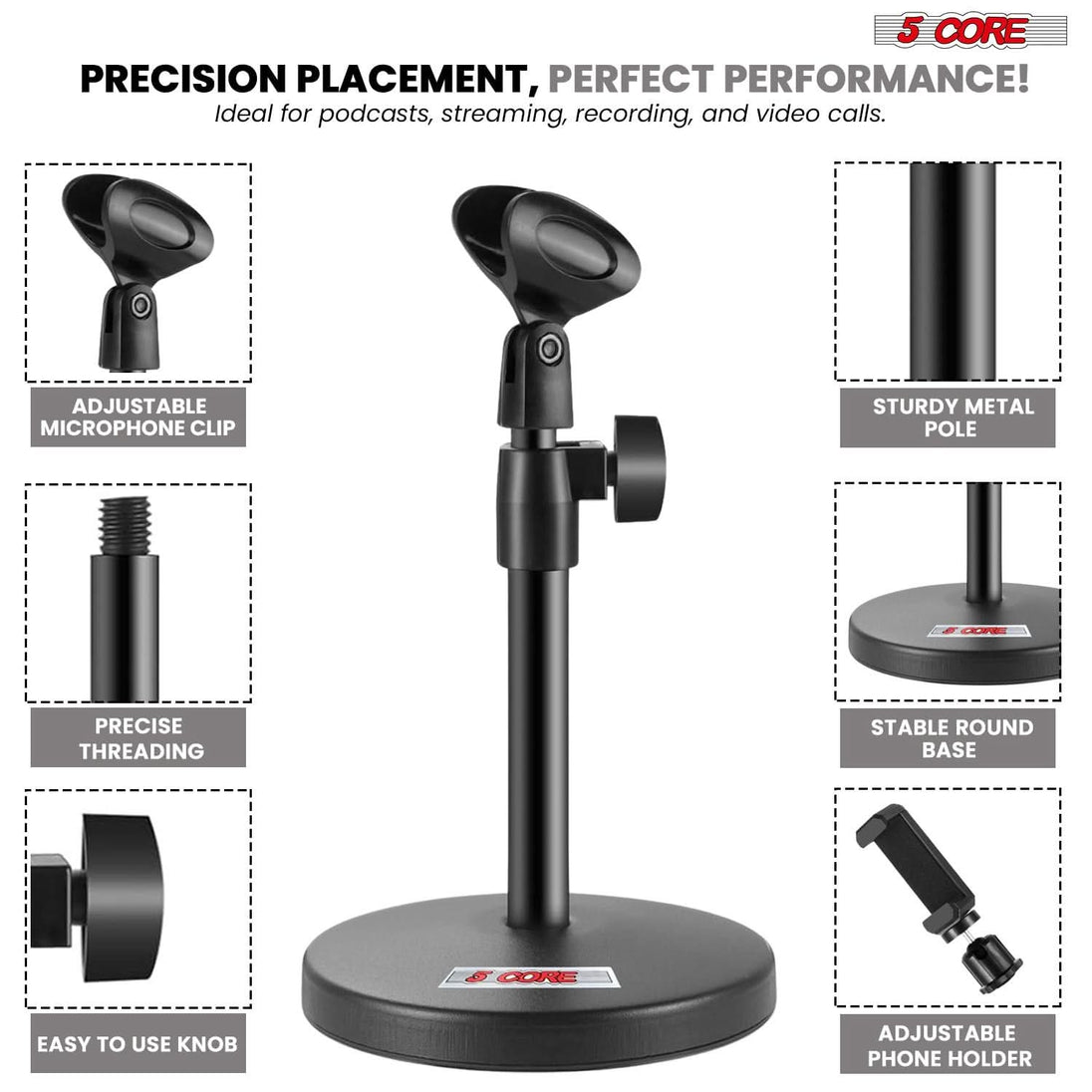 5Core compact mic stand for home studio with phone mount and mic clip