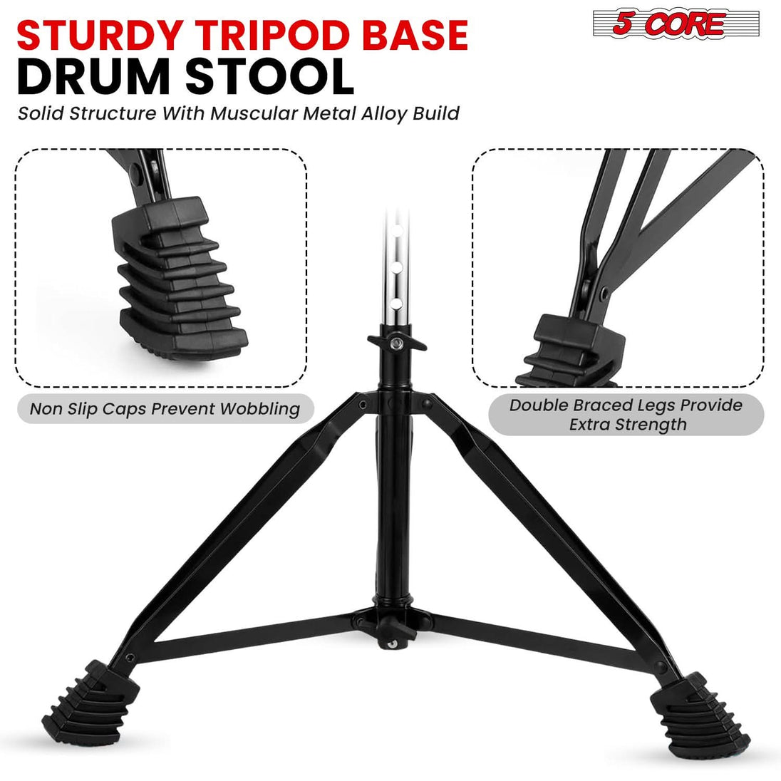 5Core black drum throne with padded seat, adjustable guitar stool for adults and kids