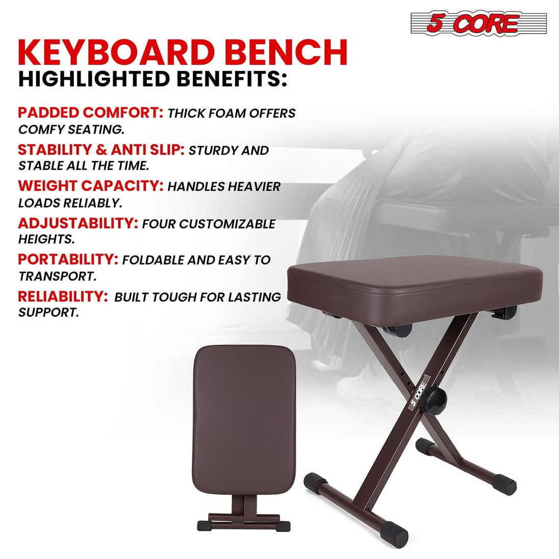 5Core X style brown keyboard stool, heavy duty adjustable piano bench
