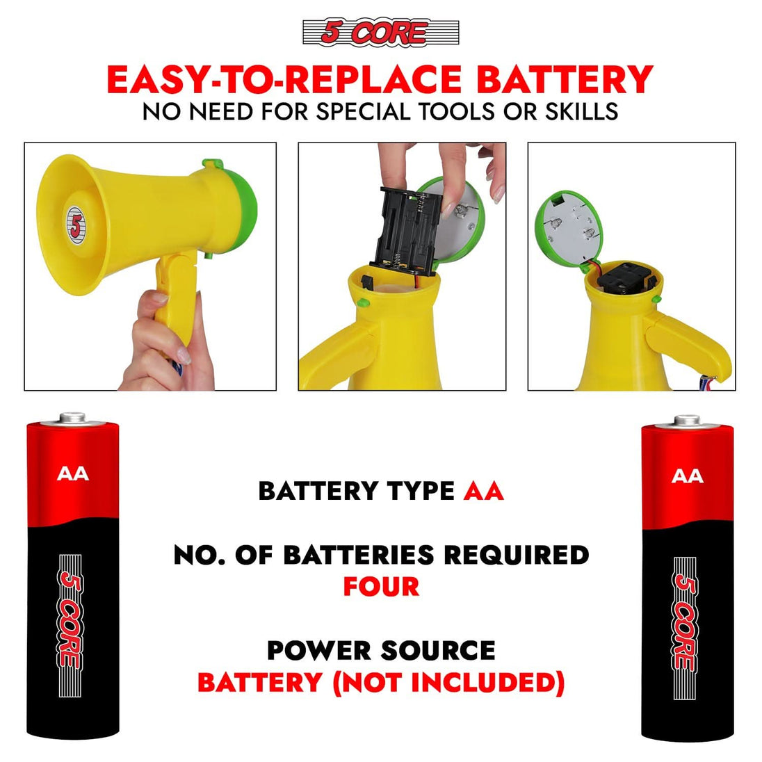 Megaphone powered by 6 D-type batteries (not included), with volume control and siren for clear and loud communication.