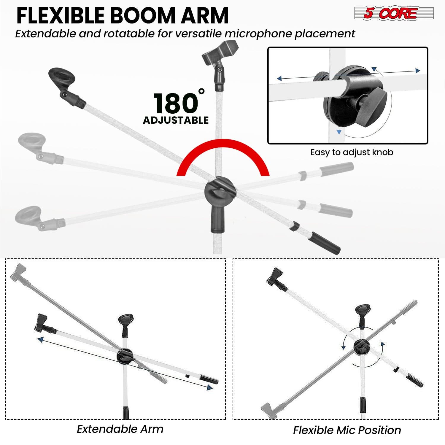 5 Core Mic Stand Floor Height Adjustable Tripod Microphone Stands w Extending Telescoping Boom Arm