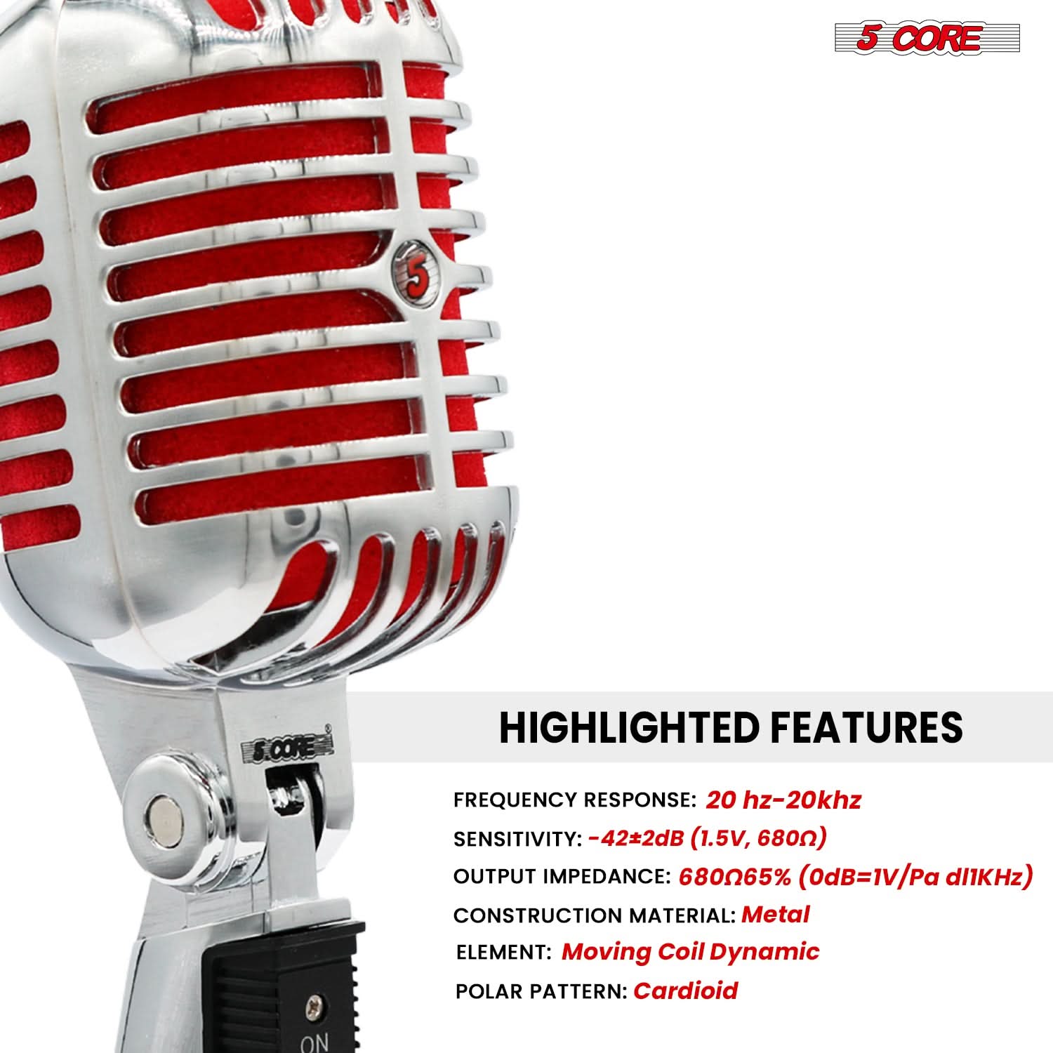 5Core Vintage Microphone Classic Dynamic Professional XLR Studio Retro Style Mic RED