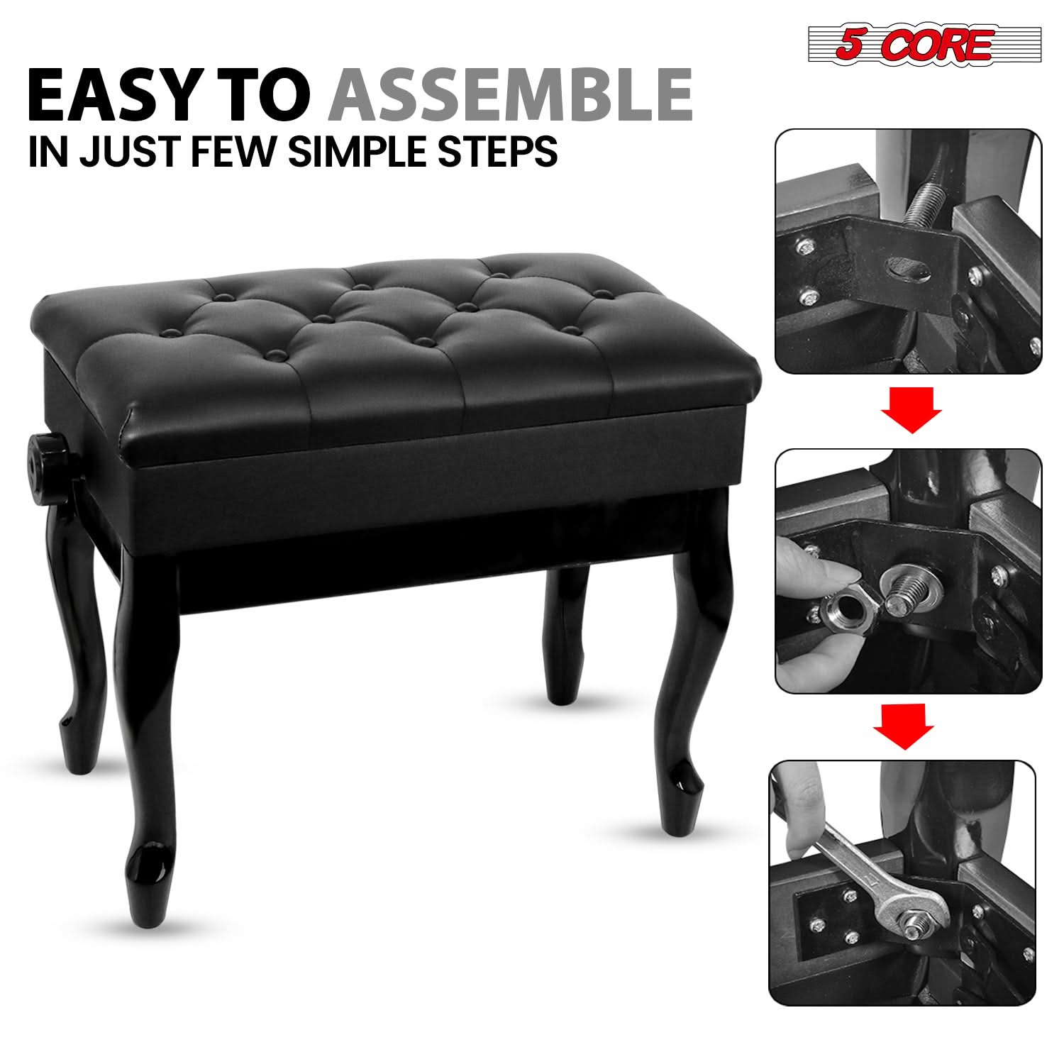 5 Core Piano Bench 3" Padded Cushioned Stool Wooden Heavy Duty Adjustable Musician Chair w Storage