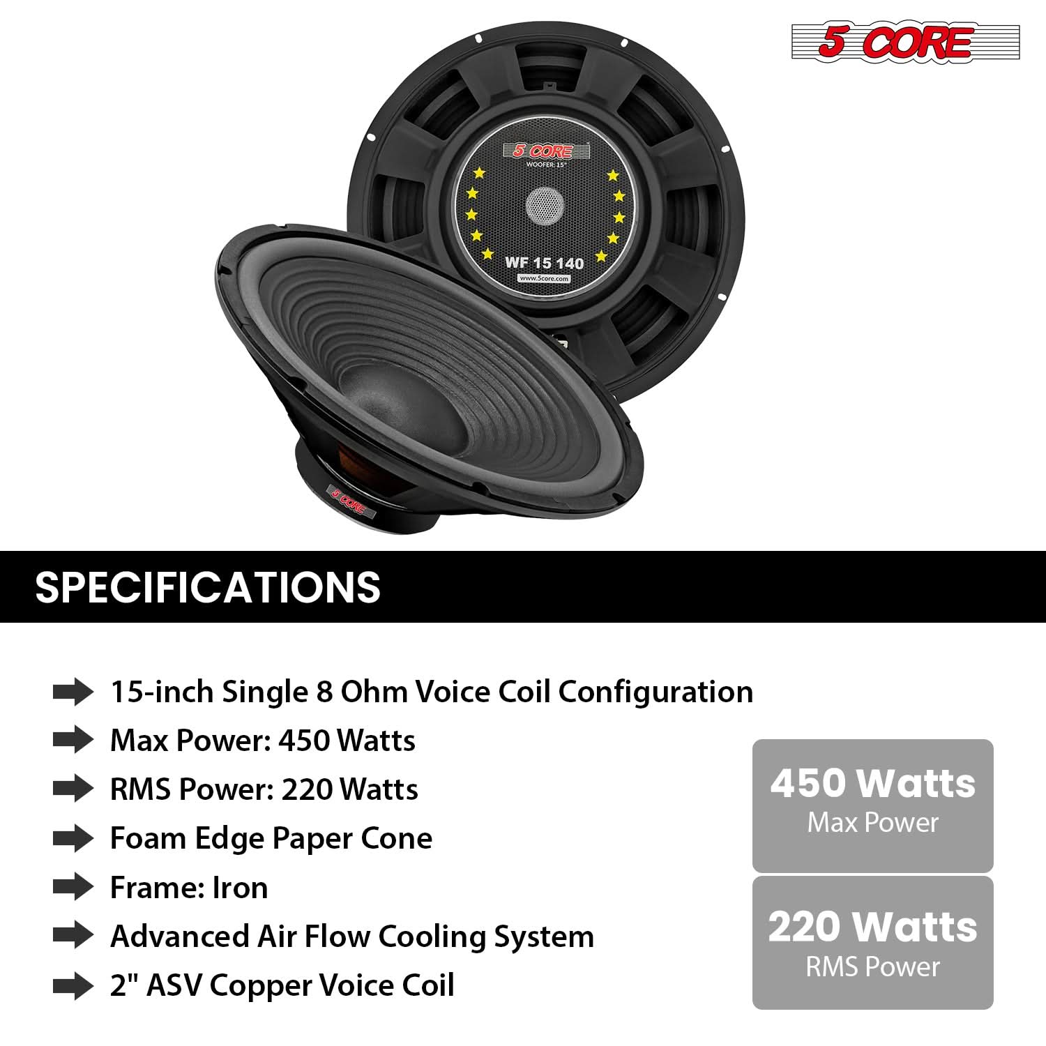 5 Core 15" Subwoofer Speaker 450W MAX PA DJ Replacement Audio Sub Woofer 8Ohm Bass Driver