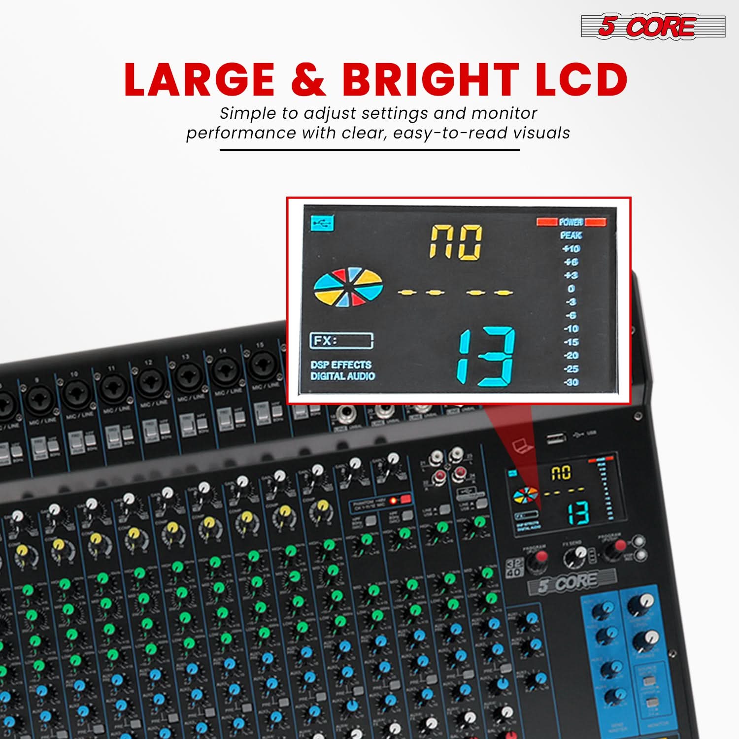 5Core DJ Audio Mixer 24 Channel Stereo Sound Board w 256 effects USB Bluetooth 48V Phantom Power