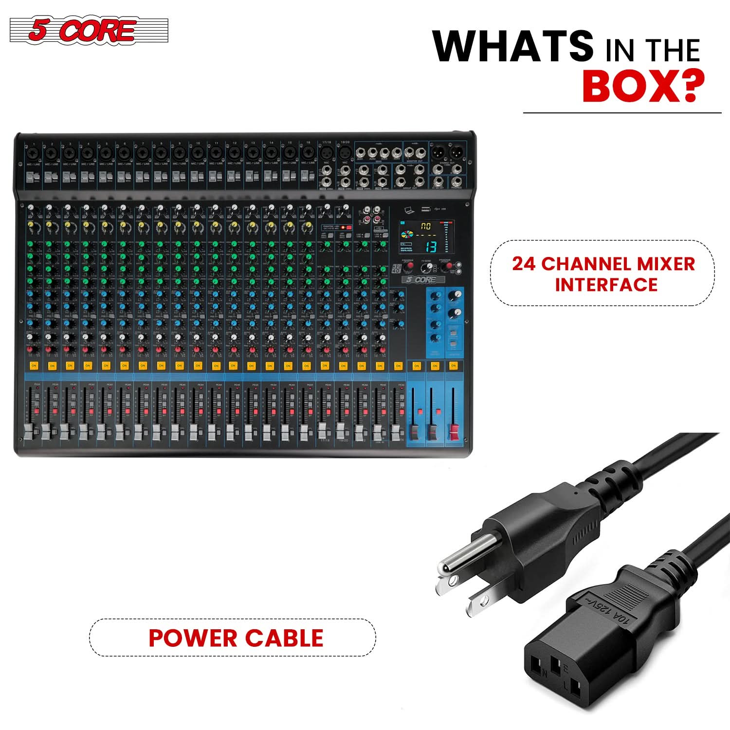 5Core DJ Audio Mixer 24 Channel Stereo Sound Board w 256 effects USB Bluetooth 48V Phantom Power