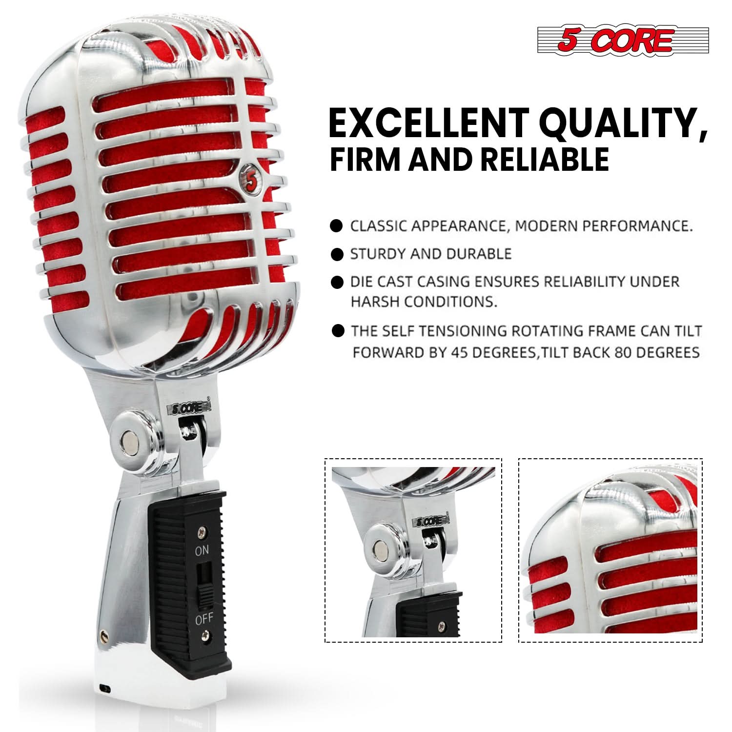 5Core Vintage Microphone Classic Dynamic Professional XLR Studio Retro Style Mic RED