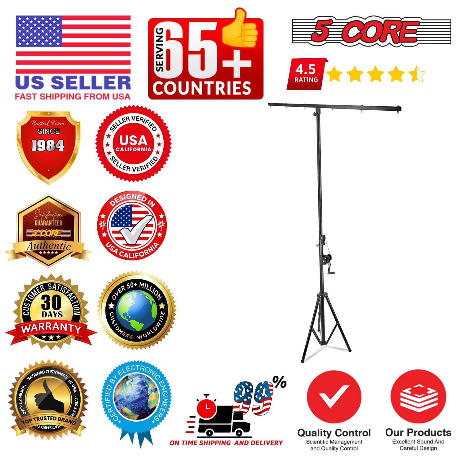 5 Core DJ Light Stand Stage Lighting Truss System Hand Crank Up Heavy Duty Height Adjustable w T bar