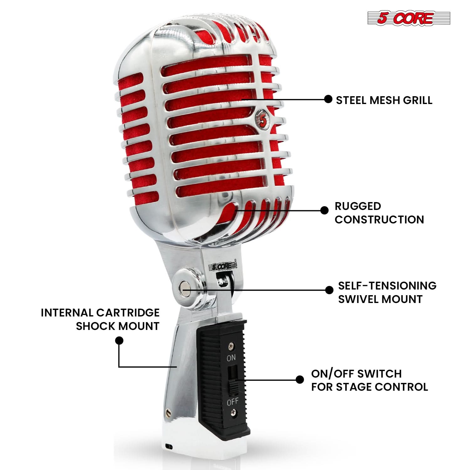 5Core Vintage Microphone Classic Dynamic Professional XLR Studio Retro Style Mic RED