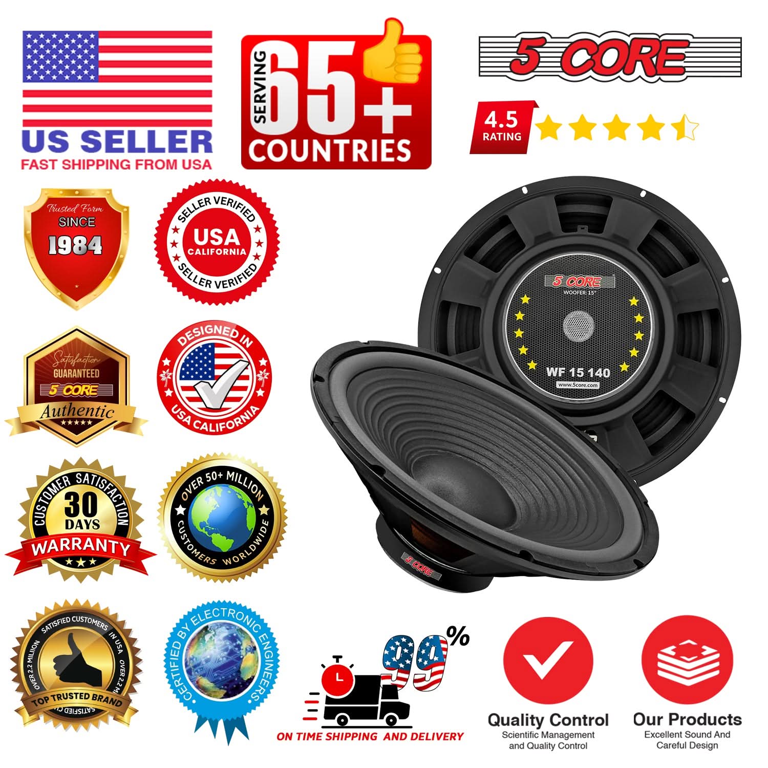 5 Core 15" Subwoofer Speaker 450W MAX PA DJ Replacement Audio Sub Woofer 8Ohm Bass Driver