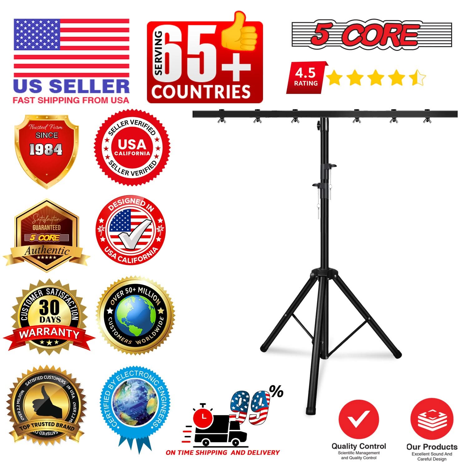 5Core DJ Light Stand Stage Lighting Truss System Height Adjustable 39 to 100" Heavy Duty T bar Mount