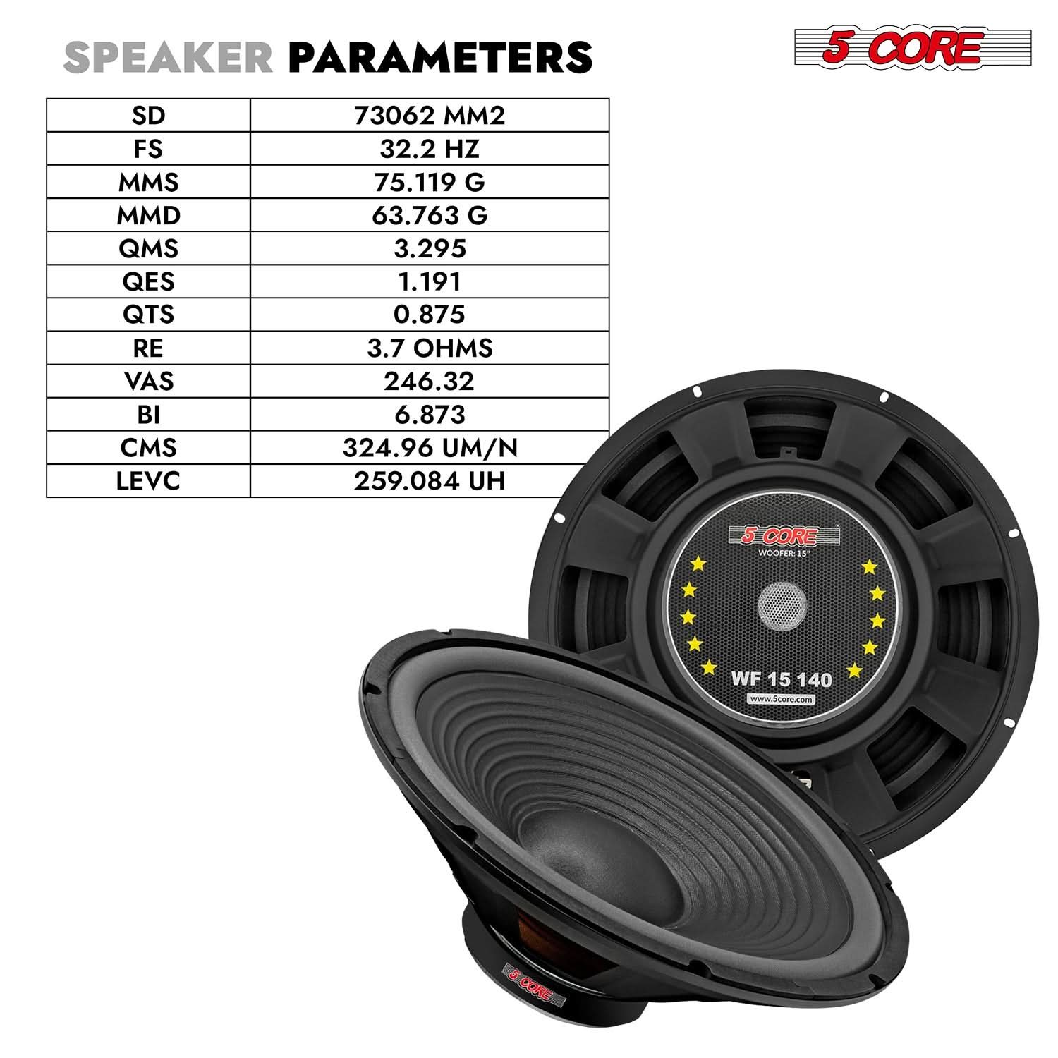 5 Core 15" Subwoofer Speaker 450W MAX PA DJ Replacement Audio Sub Woofer 8Ohm Bass Driver