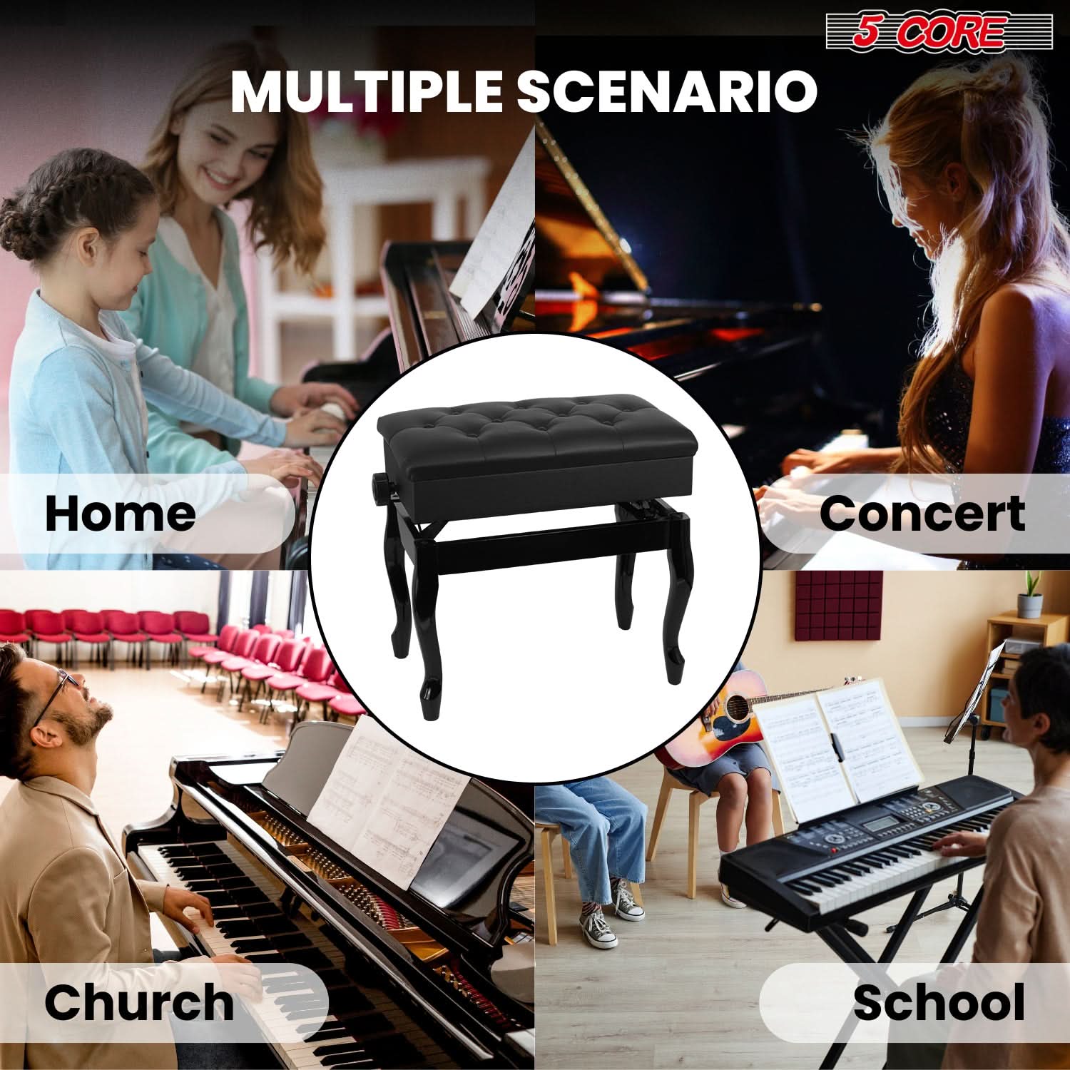 5 Core Piano Bench 3" Padded Cushioned Stool Wooden Heavy Duty Adjustable Musician Chair w Storage