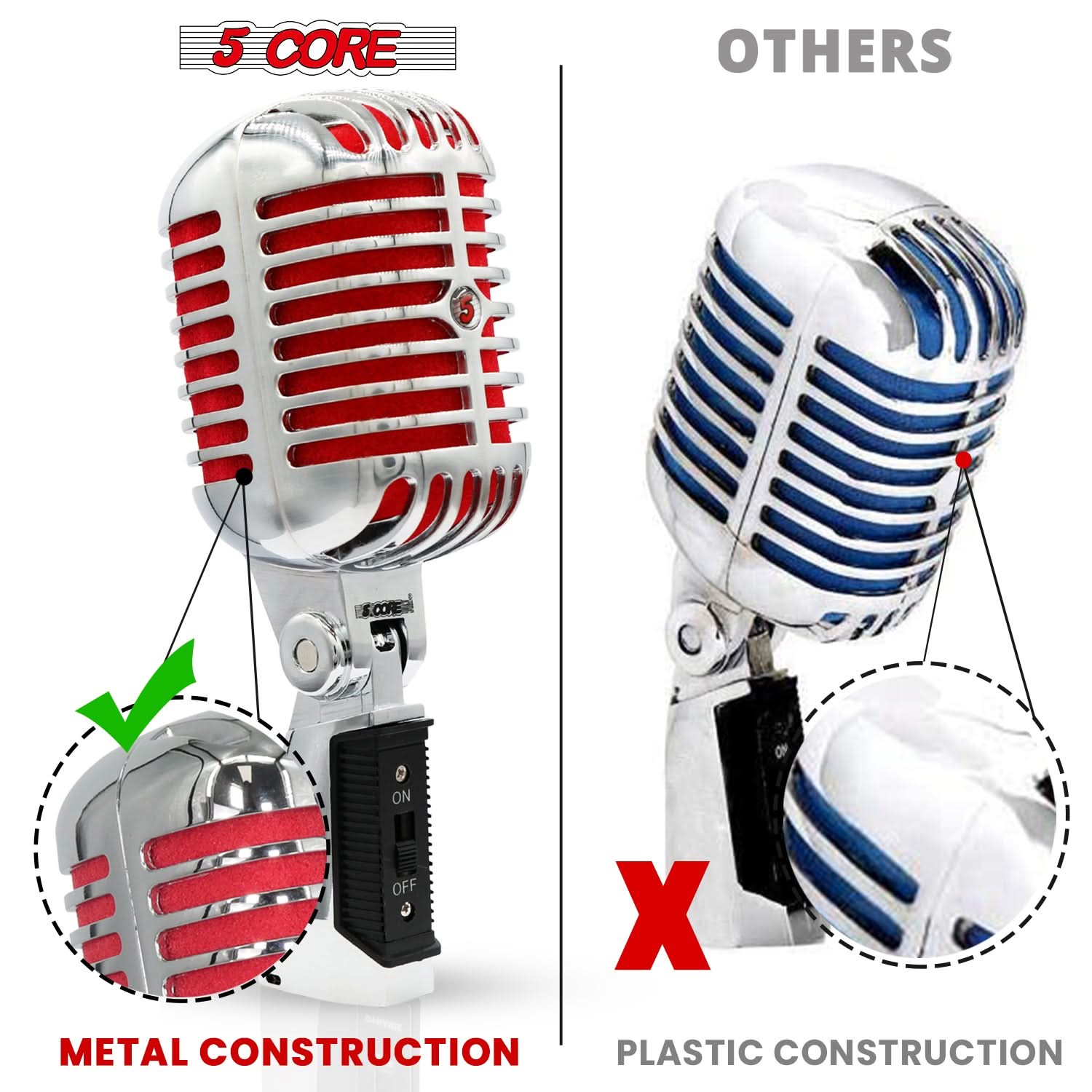 5Core Vintage Microphone Classic Dynamic Professional XLR Studio Retro Style Mic RED