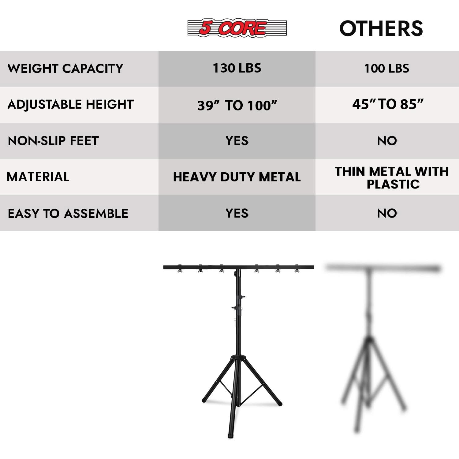 5Core DJ Light Stand Stage Lighting Truss System Height Adjustable 39 to 100" Heavy Duty T bar Mount