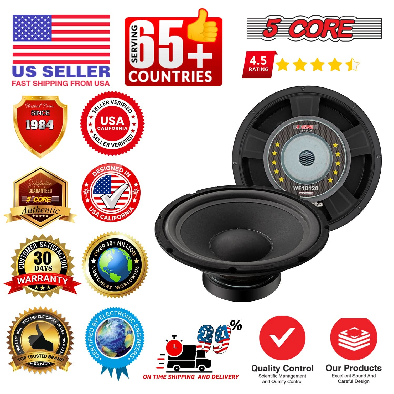 5 Core 15" Subwoofer Speaker Pair 450W MAX PA DJ Replacement Audio Sub Woofer 8Ohm Bass Driver