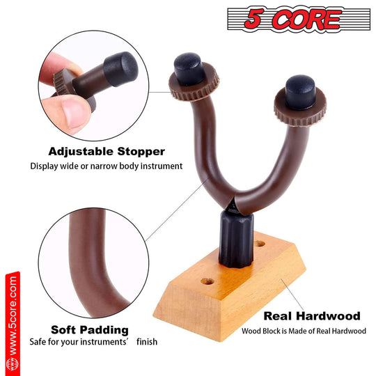 2-pack 5Core guitar wall hooks with classic wood finish