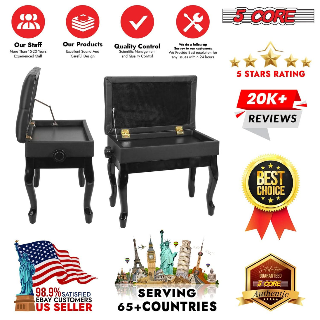 Heavy-duty black piano bench with wooden frame, adjustable height, and storage compartment