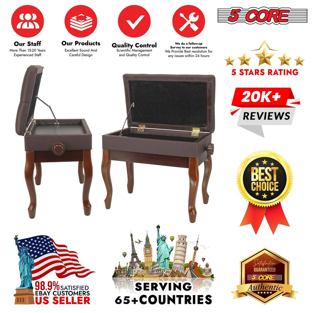 5 Core brown wooden piano bench with height adjustable heavy-duty seat and storage