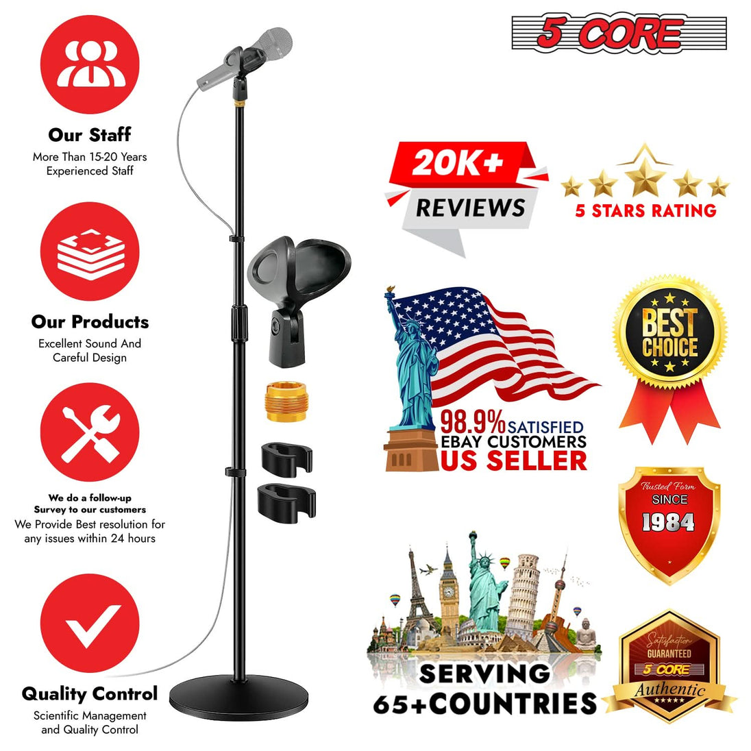 Height adjustable microphone stand with round base and universal mount