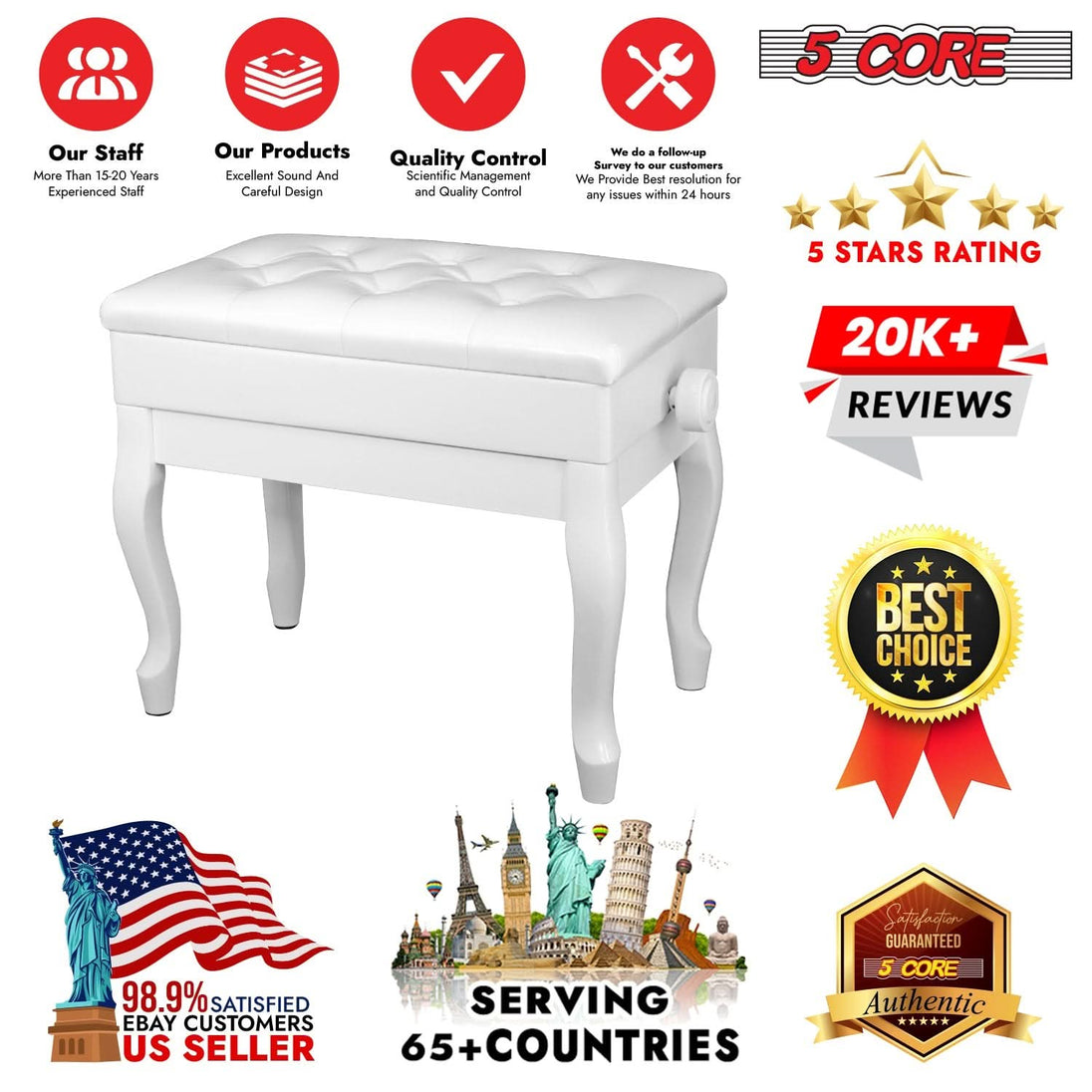 5 Core height adjustable white piano bench with storage for music accessories