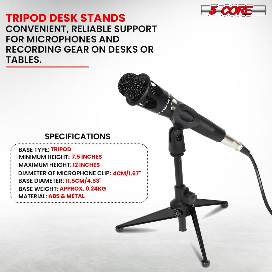 5 Core Desk Mic Stand Height Adjustable Desktop Microphone Stands Metal Tripod Portable Foldable