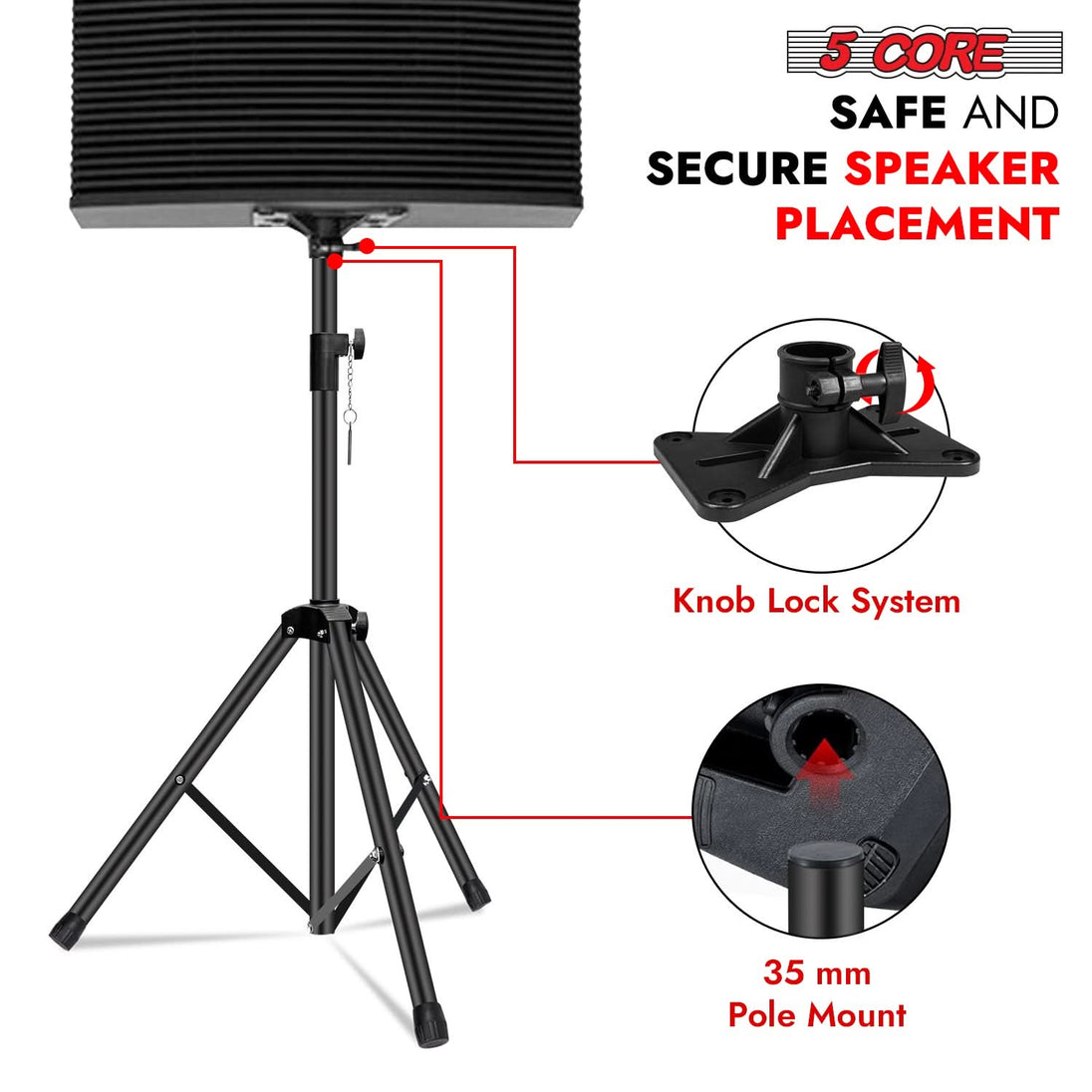 Heavy-duty black floor speaker stand tripod with pole mount adjustable to 48 inch